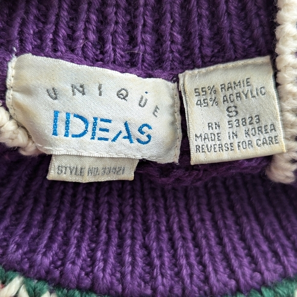 Vintage Fair Isle Purple Cable Knit Sweater 80s Nordic Cottagecore Cozy - Picture 6 of 12